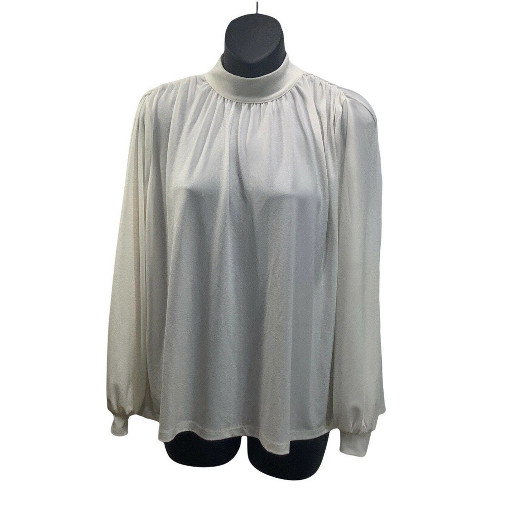 H & M white blouse fashion top long sleeve monk collar size XS business